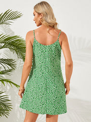 Calico Adjustable Strap A-line V-Neck Mini Dress