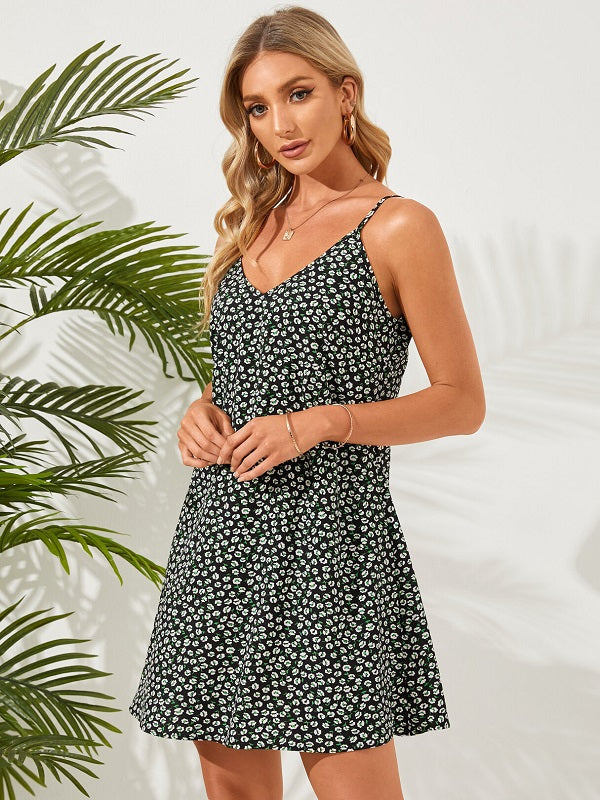 Calico Adjustable Strap A-line V-Neck Mini Dress