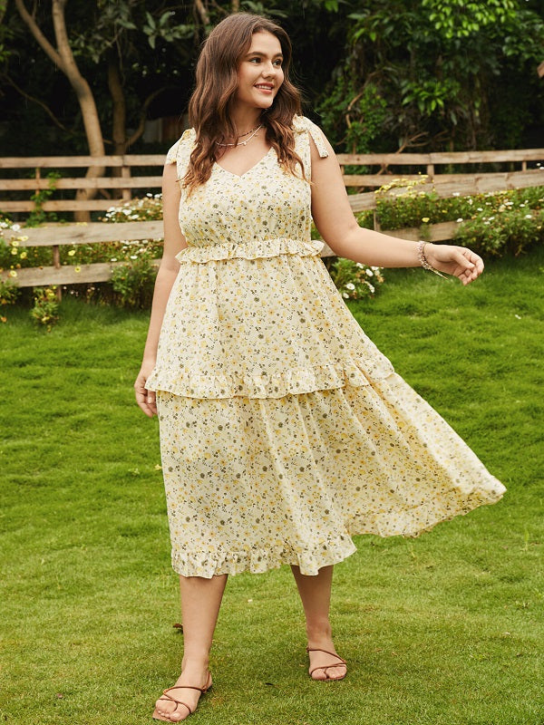 Calico Bowknot Lettuce-Edge Sleeveless Maxi Dress