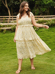 Calico Bowknot Lettuce-Edge Sleeveless Maxi Dress