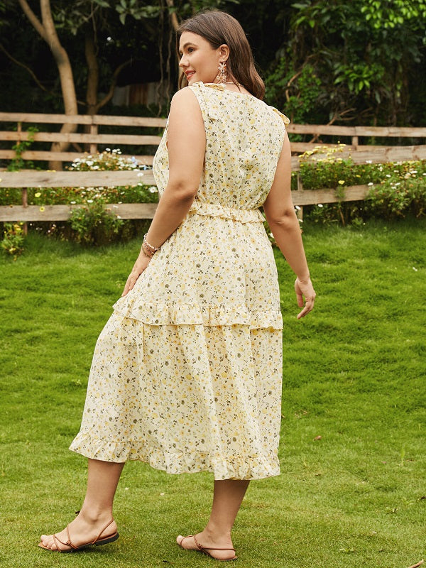 Calico Bowknot Lettuce-Edge Sleeveless Maxi Dress