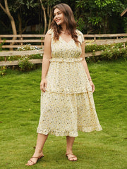 Calico Bowknot Lettuce-Edge Sleeveless Maxi Dress