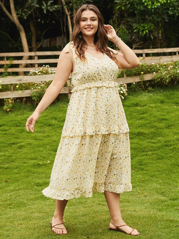 Calico Bowknot Lettuce-Edge Sleeveless Maxi Dress