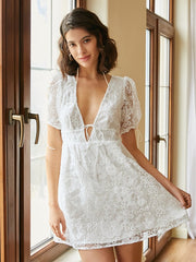 Calico V-neck Tie-up At Cuffs Double layer Lace Dresses