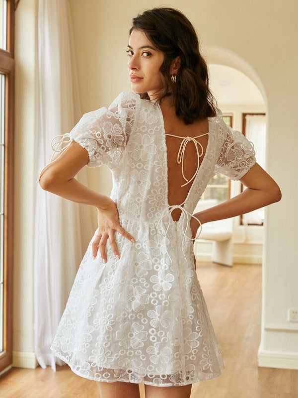 Calico V-neck Tie-up At Cuffs Double layer Lace Dresses