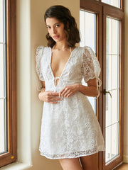 Calico V-neck Tie-up At Cuffs Double layer Lace Dresses