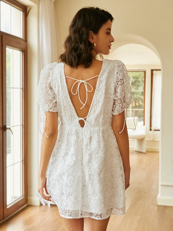 Calico V-neck Tie-up At Cuffs Double layer Lace Dresses