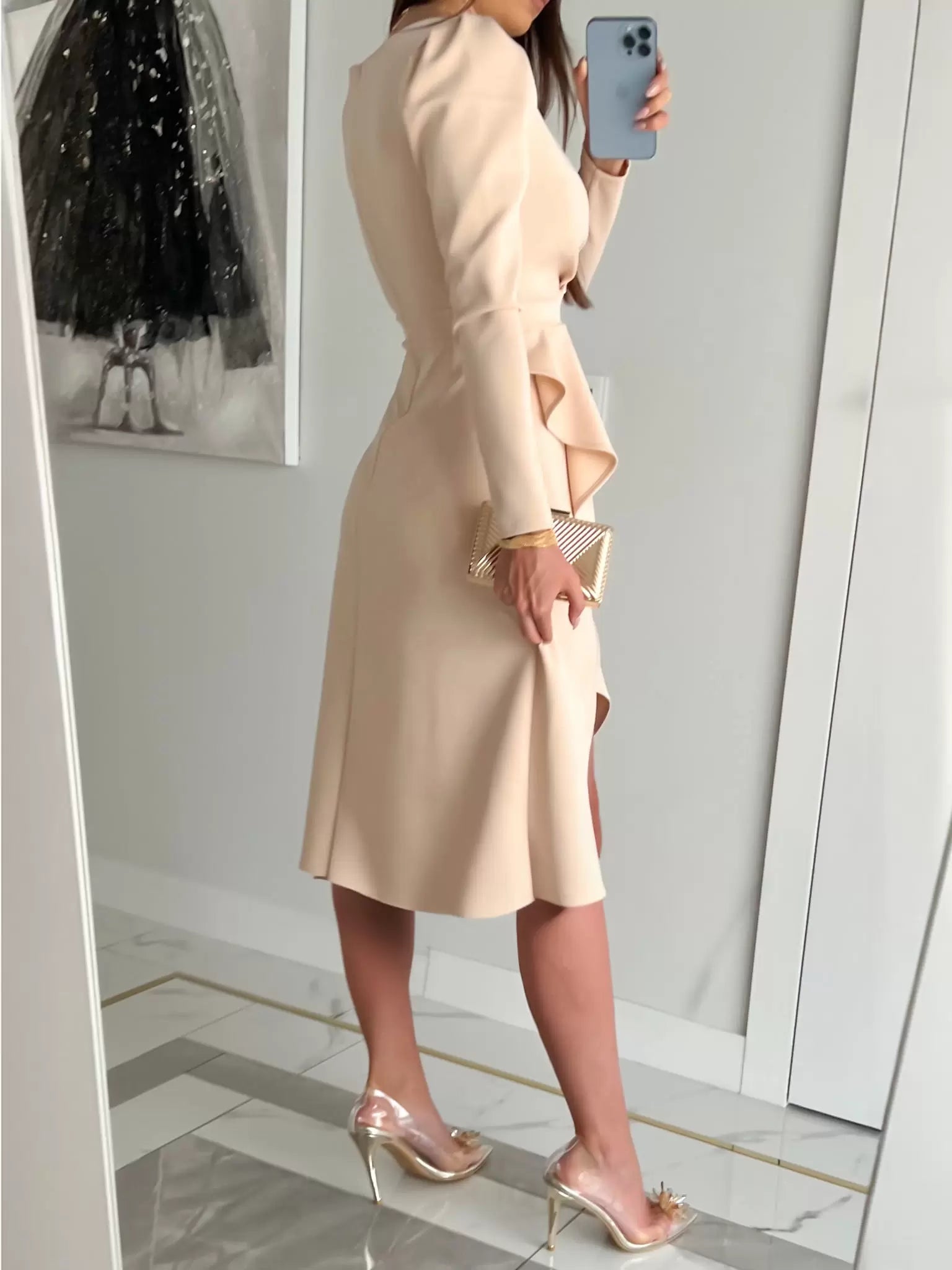 Cascading Ruffles Layered V-Neck Long Sleeves Midi Dress