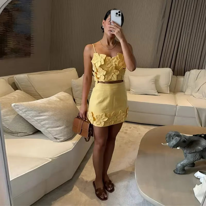Casual 3d Flower Sleeveless Backless Crop Sling Vest High Waist A-line Mini Skirt Two Piece Sets