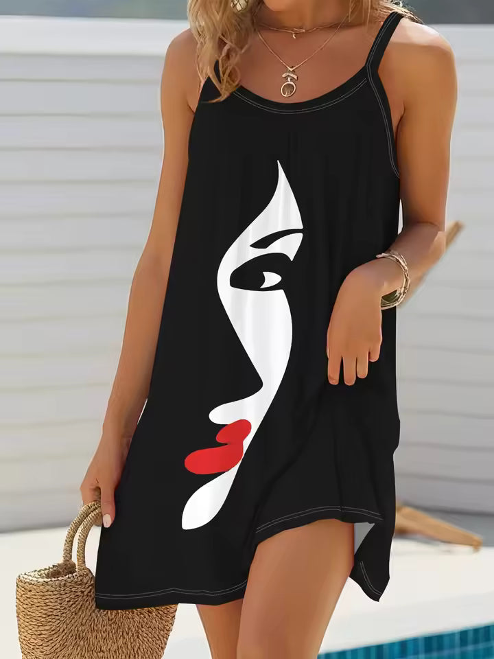 Casual A-LINE Knitting Sleeveless Print Medium Stretch Mini Dress