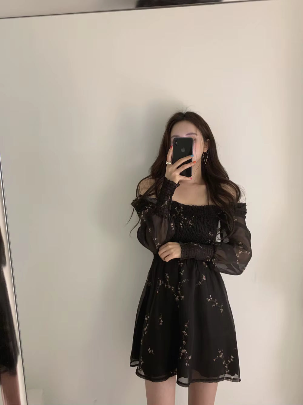 Casual A-LINE Vintage Flower Long Puff Sleeve Print Mini Chiffon Dresses