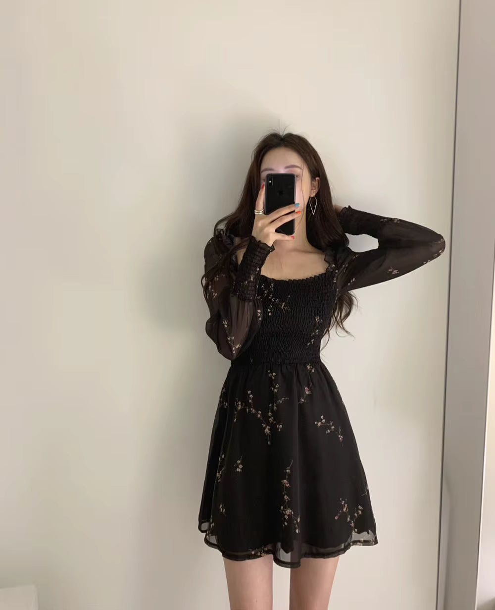 Casual A-LINE Vintage Flower Long Puff Sleeve Print Mini Chiffon Dresses