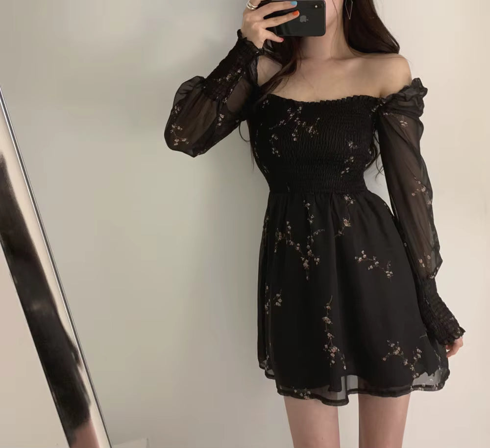 Casual A-LINE Vintage Flower Long Puff Sleeve Print Mini Chiffon Dresses