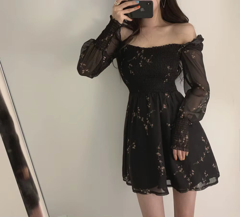Casual A-LINE Vintage Flower Long Puff Sleeve Print Mini Chiffon Dresses