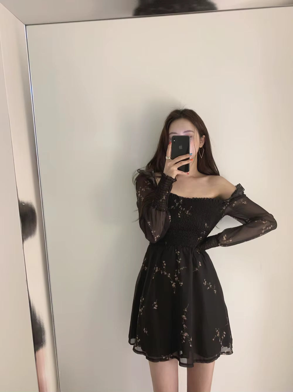 Casual A-LINE Vintage Flower Long Puff Sleeve Print Mini Chiffon Dresses