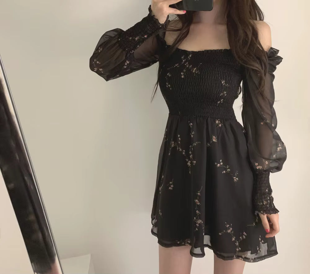 Casual A-LINE Vintage Flower Long Puff Sleeve Print Mini Chiffon Dresses