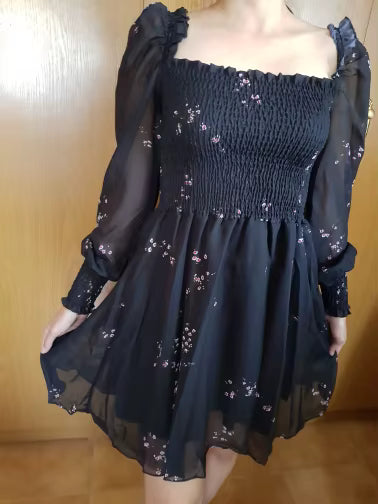 Casual A-LINE Vintage Flower Long Puff Sleeve Print Mini Chiffon Dresses