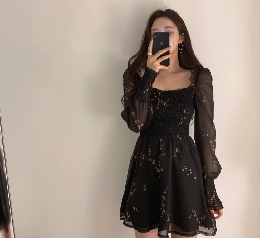 Casual A-LINE Vintage Flower Long Puff Sleeve Print Mini Chiffon Dresses