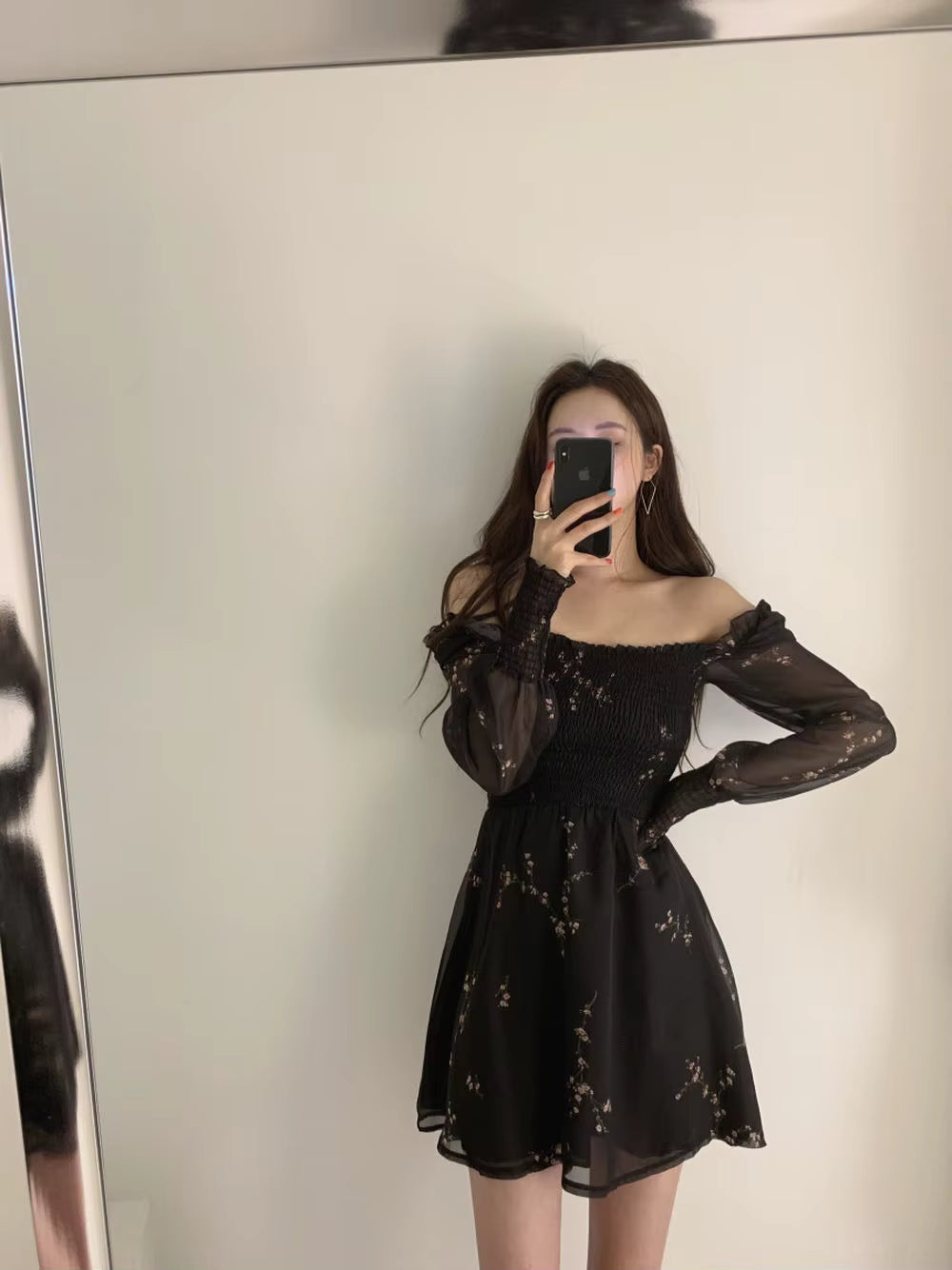 Casual A-LINE Vintage Flower Long Puff Sleeve Print Mini Chiffon Dresses