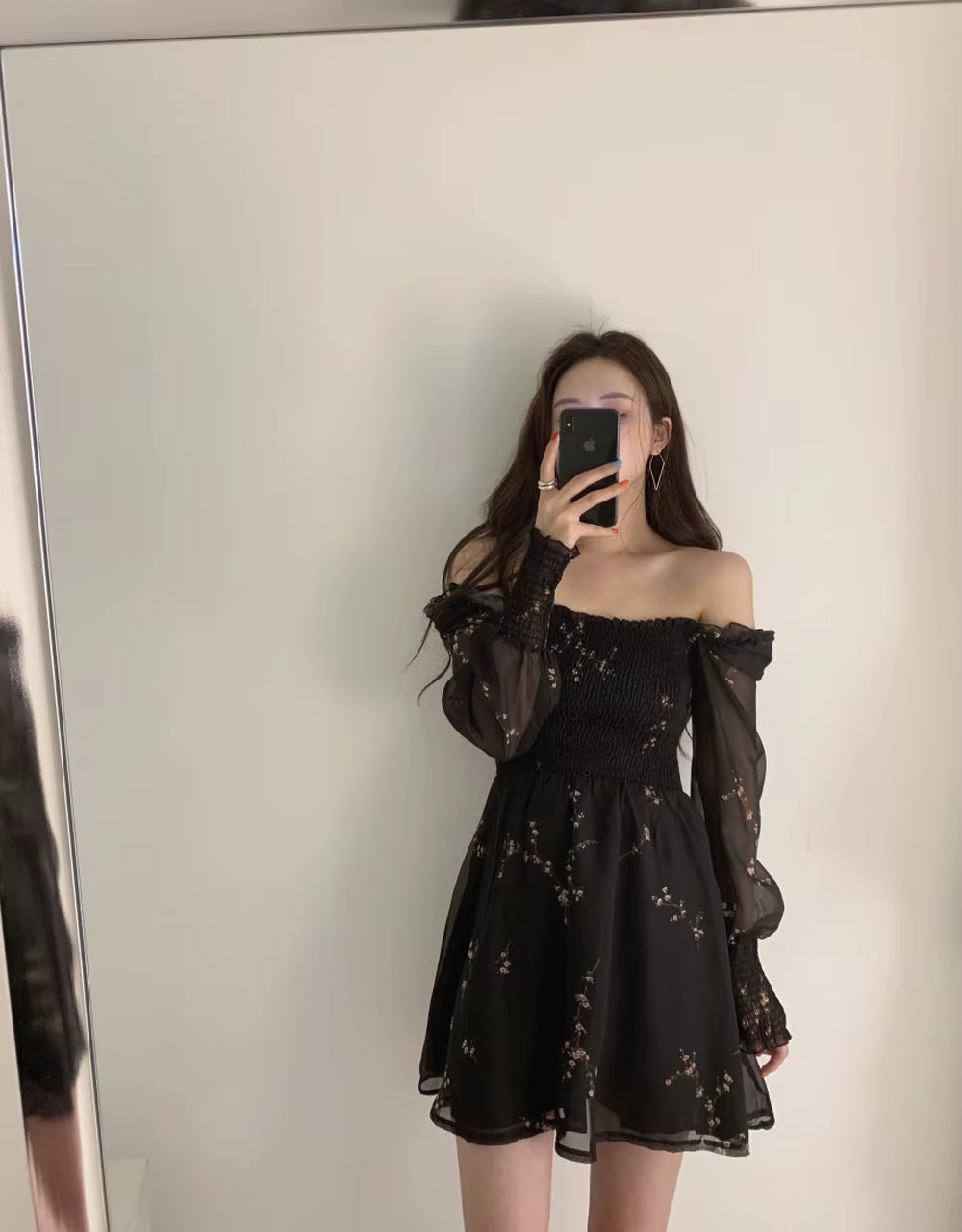 Casual A-LINE Vintage Flower Long Puff Sleeve Print Mini Chiffon Dresses