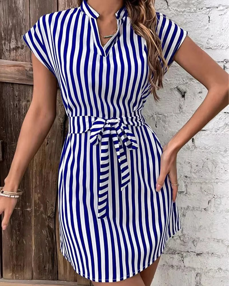 Casual A-Line Sleeveless Turn-down Collar Striped Printed Mini Dress