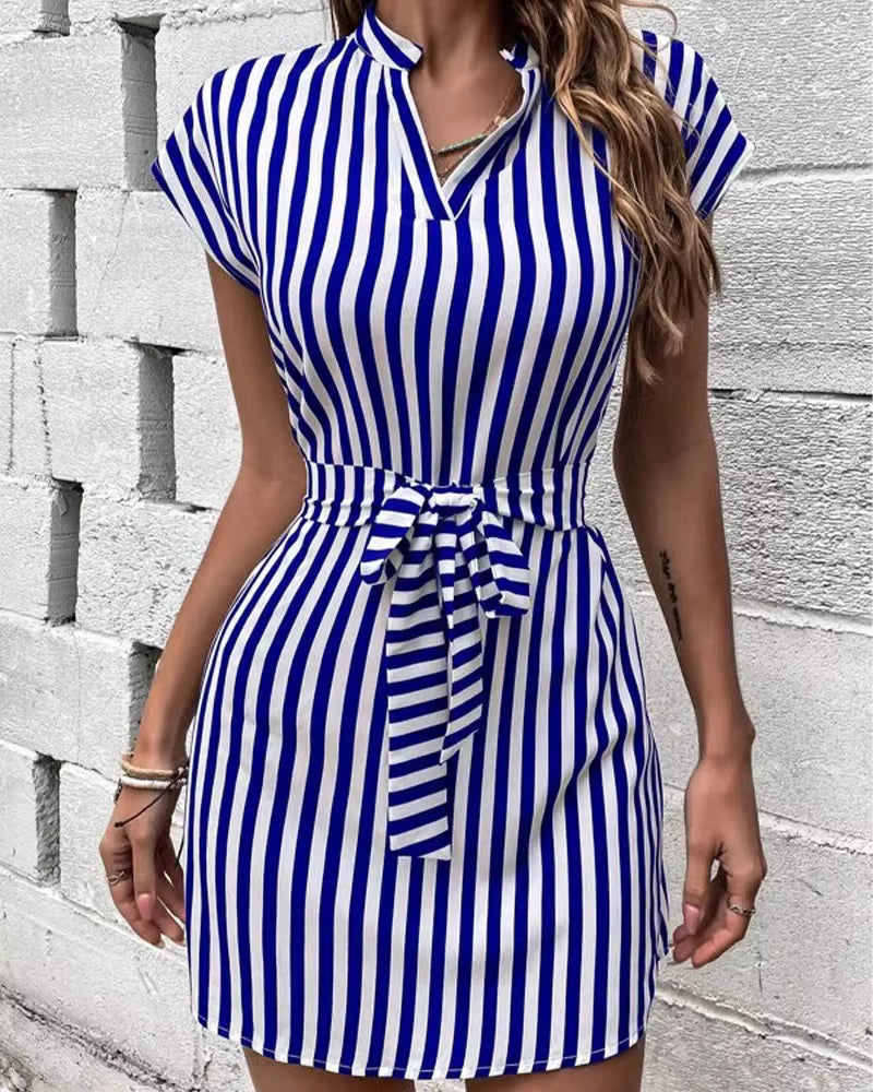 Casual A-Line Sleeveless Turn-down Collar Striped Printed Mini Dress