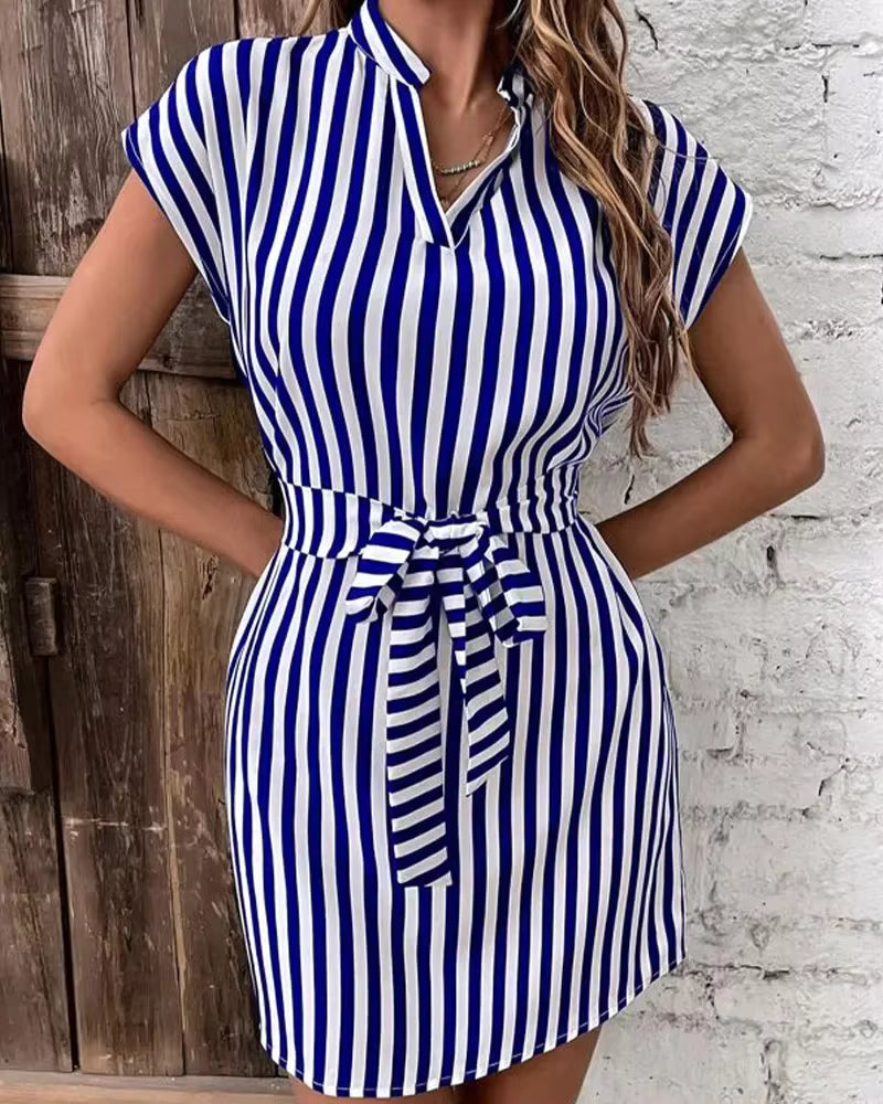 Casual A-Line Sleeveless Turn-down Collar Striped Printed Mini Dress
