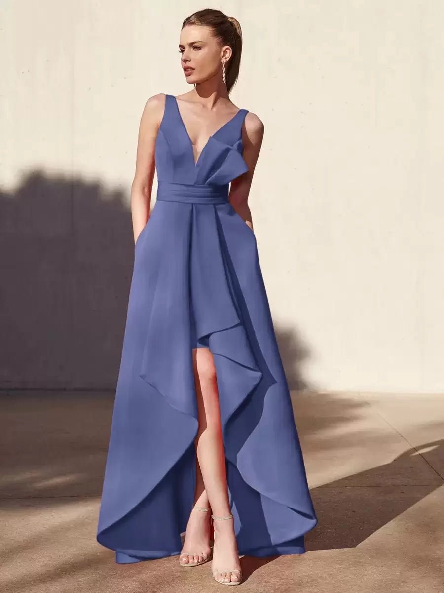 Casual A-Line V-Neck Floor-Length Sleeveless Backless Pleated Satin Fabric Formal Evening Party Dresses