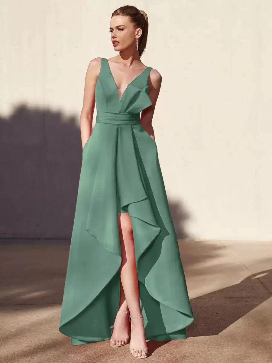 Casual A-Line V-Neck Floor-Length Sleeveless Backless Pleated Satin Fabric Formal Evening Party Dresses