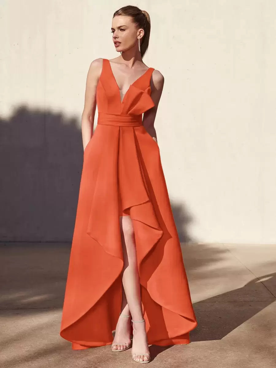 Casual A-Line V-Neck Floor-Length Sleeveless Backless Pleated Satin Fabric Formal Evening Party Dresses