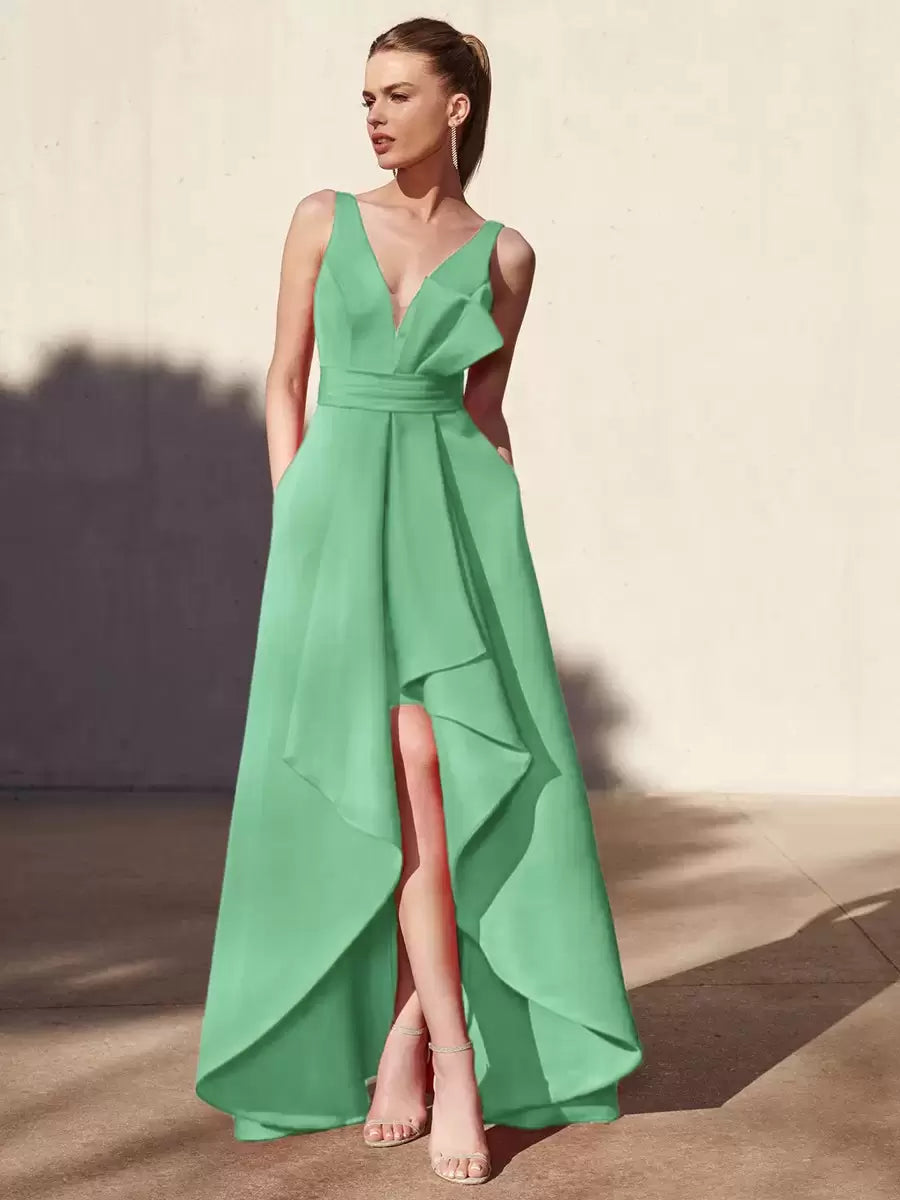 Casual A-Line V-Neck Floor-Length Sleeveless Backless Pleated Satin Fabric Formal Evening Party Dresses