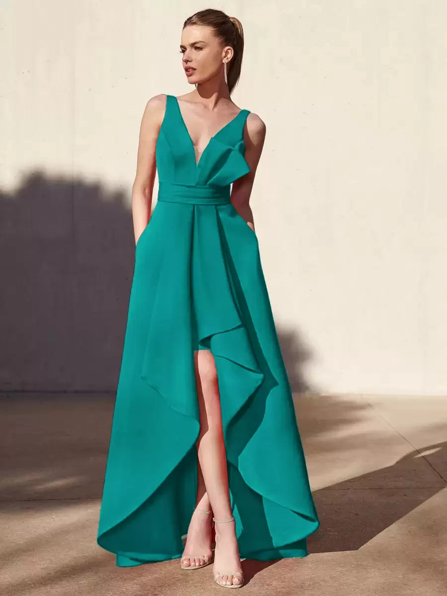 Casual A-Line V-Neck Floor-Length Sleeveless Backless Pleated Satin Fabric Formal Evening Party Dresses
