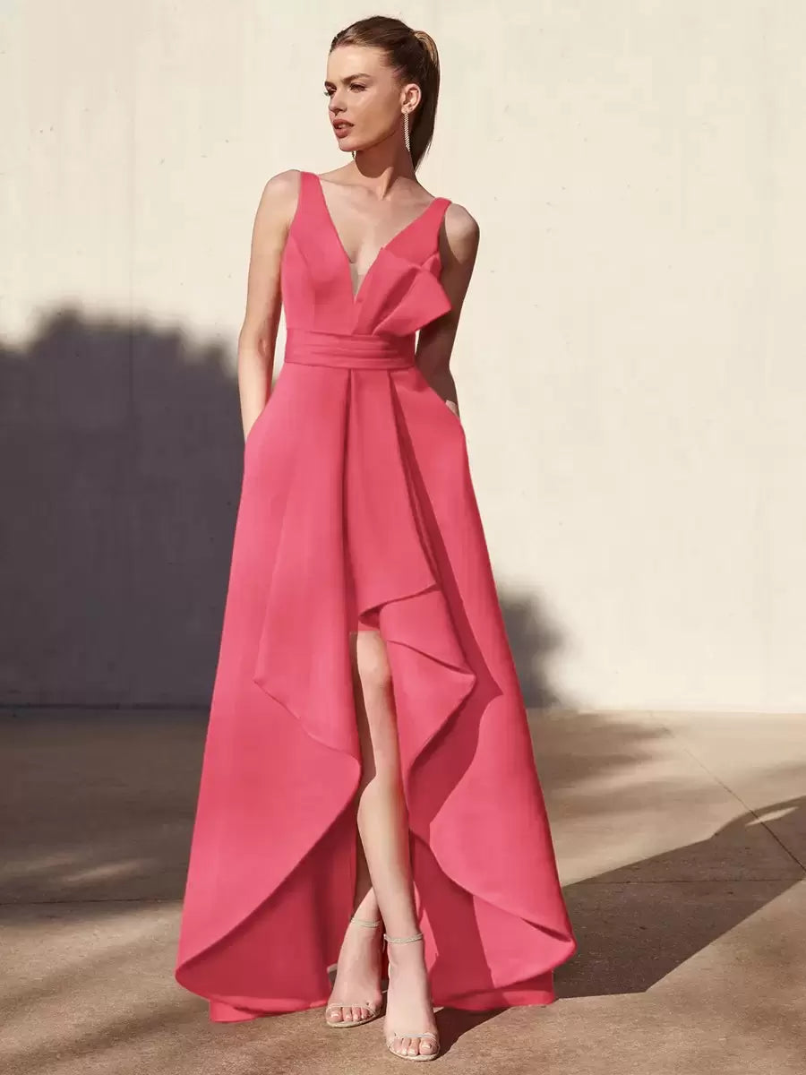 Casual A-Line V-Neck Floor-Length Sleeveless Backless Pleated Satin Fabric Formal Evening Party Dresses