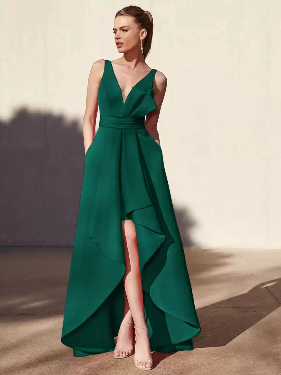 Casual A-Line V-Neck Floor-Length Sleeveless Backless Pleated Satin Fabric Formal Evening Party Dresses