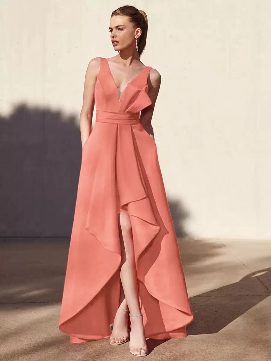 Casual A-Line V-Neck Floor-Length Sleeveless Backless Pleated Satin Fabric Formal Evening Party Dresses