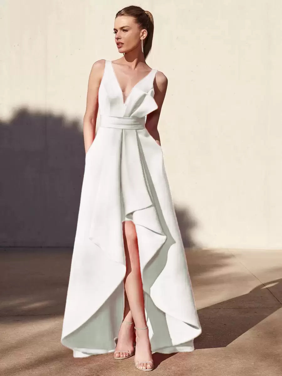 Casual A-Line V-Neck Floor-Length Sleeveless Backless Pleated Satin Fabric Formal Evening Party Dresses