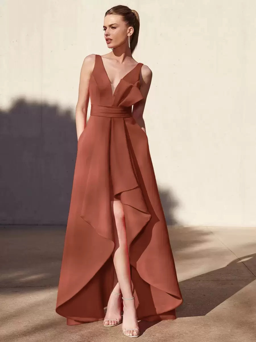 Casual A-Line V-Neck Floor-Length Sleeveless Backless Pleated Satin Fabric Formal Evening Party Dresses