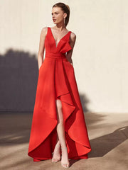 Casual A-Line V-Neck Floor-Length Sleeveless Backless Pleated Satin Fabric Formal Evening Party Dresses