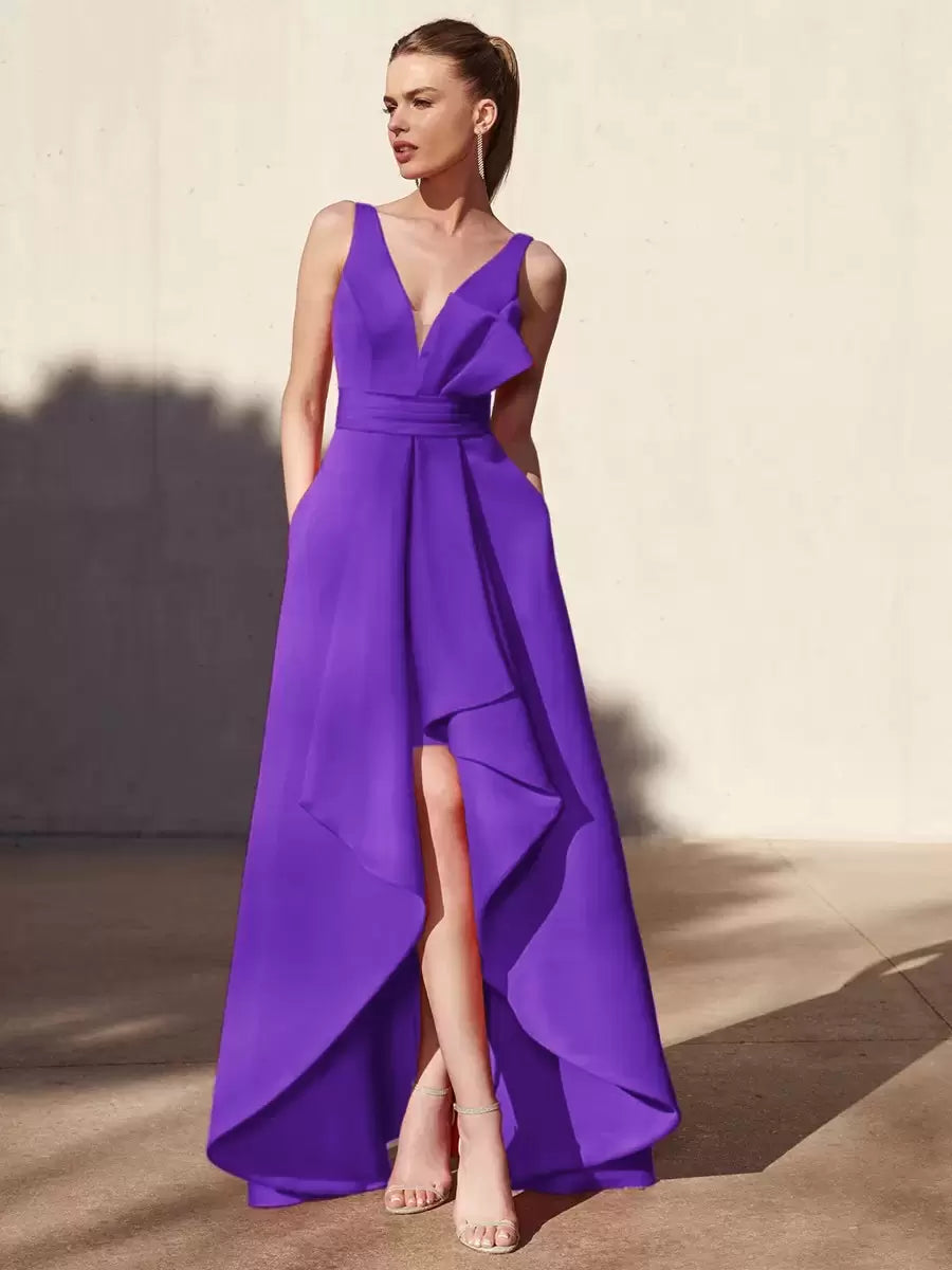 Casual A-Line V-Neck Floor-Length Sleeveless Backless Pleated Satin Fabric Formal Evening Party Dresses