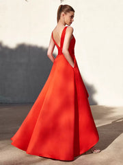 Casual A-Line V-Neck Floor-Length Sleeveless Backless Pleated Satin Fabric Formal Evening Party Dresses