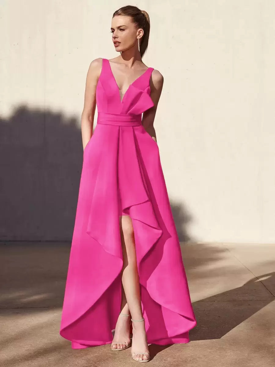 Casual A-Line V-Neck Floor-Length Sleeveless Backless Pleated Satin Fabric Formal Evening Party Dresses