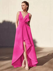 Casual A-Line V-Neck Floor-Length Sleeveless Backless Pleated Satin Fabric Formal Evening Party Dresses