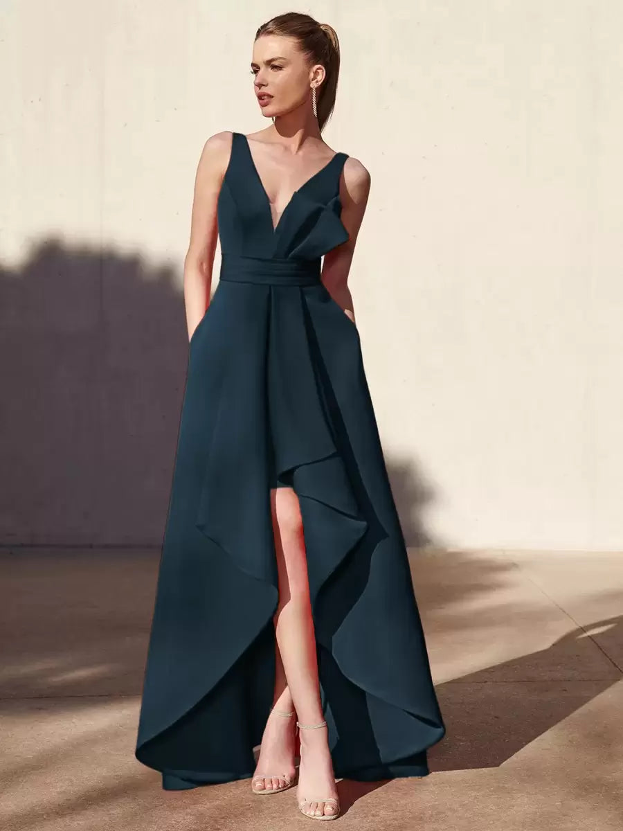 Casual A-Line V-Neck Floor-Length Sleeveless Backless Pleated Satin Fabric Formal Evening Party Dresses