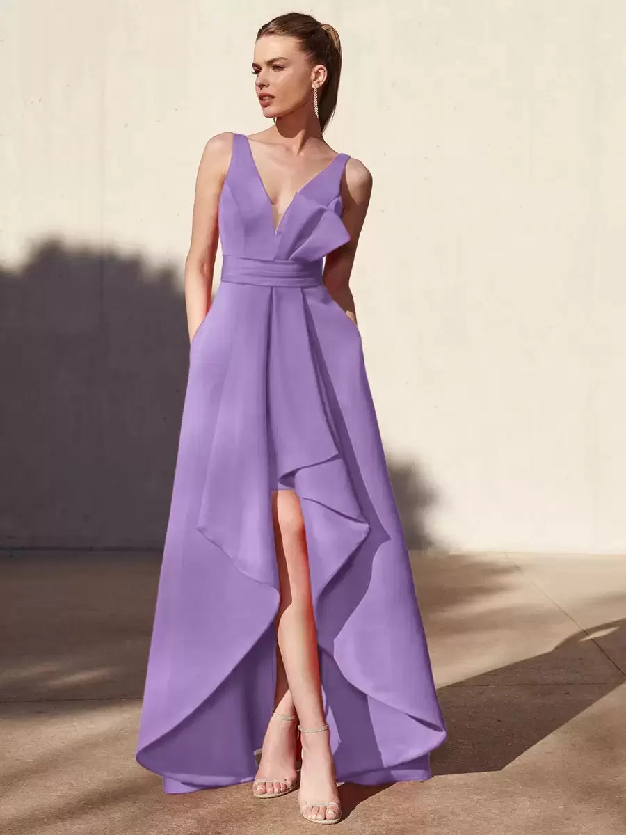 Casual A-Line V-Neck Floor-Length Sleeveless Backless Pleated Satin Fabric Formal Evening Party Dresses