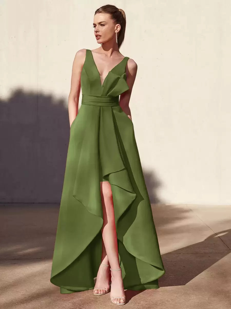 Casual A-Line V-Neck Floor-Length Sleeveless Backless Pleated Satin Fabric Formal Evening Party Dresses