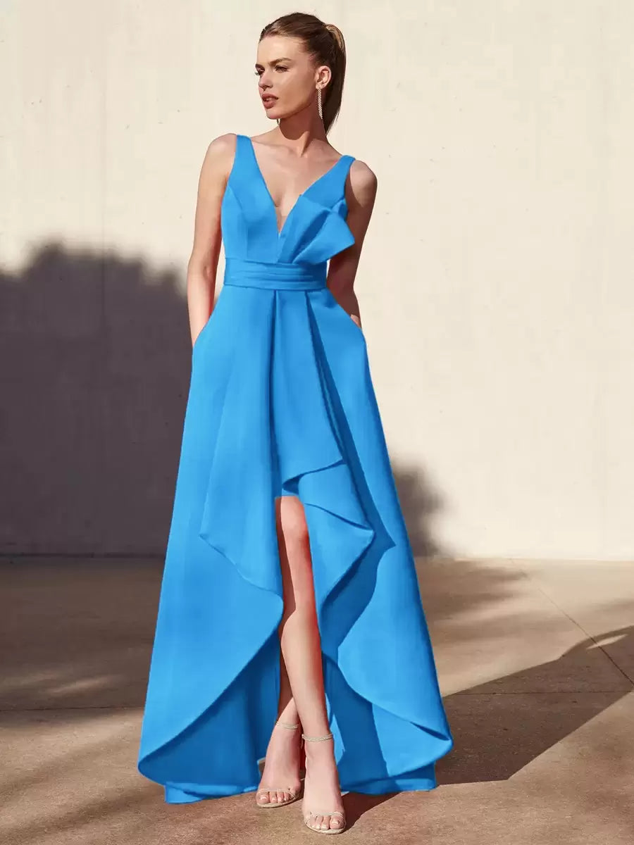 Casual A-Line V-Neck Floor-Length Sleeveless Backless Pleated Satin Fabric Formal Evening Party Dresses