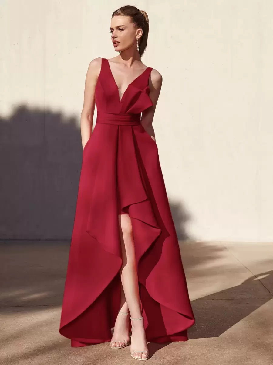 Casual A-Line V-Neck Floor-Length Sleeveless Backless Pleated Satin Fabric Formal Evening Party Dresses