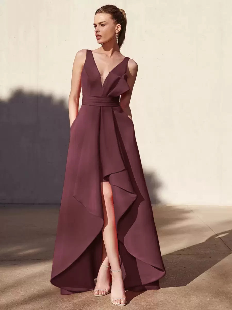 Casual A-Line V-Neck Floor-Length Sleeveless Backless Pleated Satin Fabric Formal Evening Party Dresses