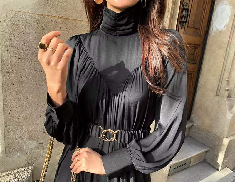 Elegant Turtleneck Long Sleeve A-line Loose Midi Dress