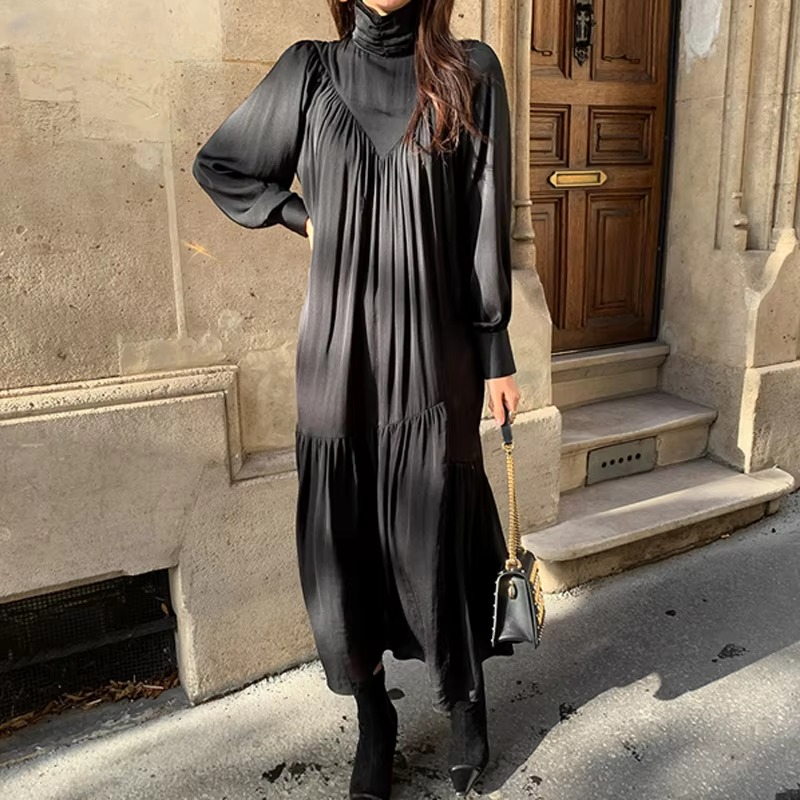 Elegant Turtleneck Long Sleeve A-line Loose Midi Dress